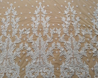 New Beaded lace fabric by the yard, French Lace, Embroidered tulle lace, White Bridal lace, Veil lace Lingerie Lace Guipure Lace