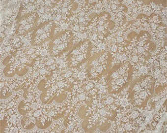 Ivory Floral Embroidered Lace Fabric: Bridal Wedding Dress Sequins Lace