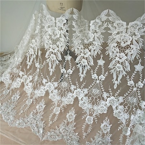 Ivory Tulle Lace Fabric: French Guipure Embroidery Sequins, Bridal Wedding Dress