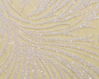 Off-White Beaded Lace Fabric: Heavy Couture Gown Dress Lace