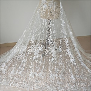 Embroidered Sequin Floral Lace Fabric - Light Ivory Tulle (51 inches)