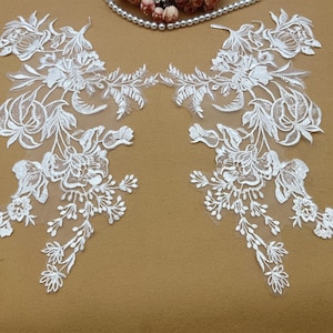 Sequin Flower Lace Applique: Ivory Bridal Bodice Embroidery (Pair, 39x20cm