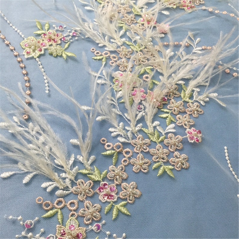 heavy hand made beaded gown dress lace fabric beading lace fabric weddingbridal dress lace fabric Beaded lace fabric with Ostrich feather