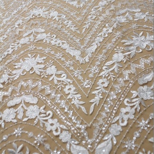 Embroidered Bridal Lace Fabric: Off-White Couture Wedding Dress Lace with Sequins