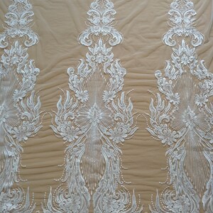 Sequin Bridal Lace Fabric: Retro Embroidered Off-White Mesh, 51&quot; Wide (1 Yard)