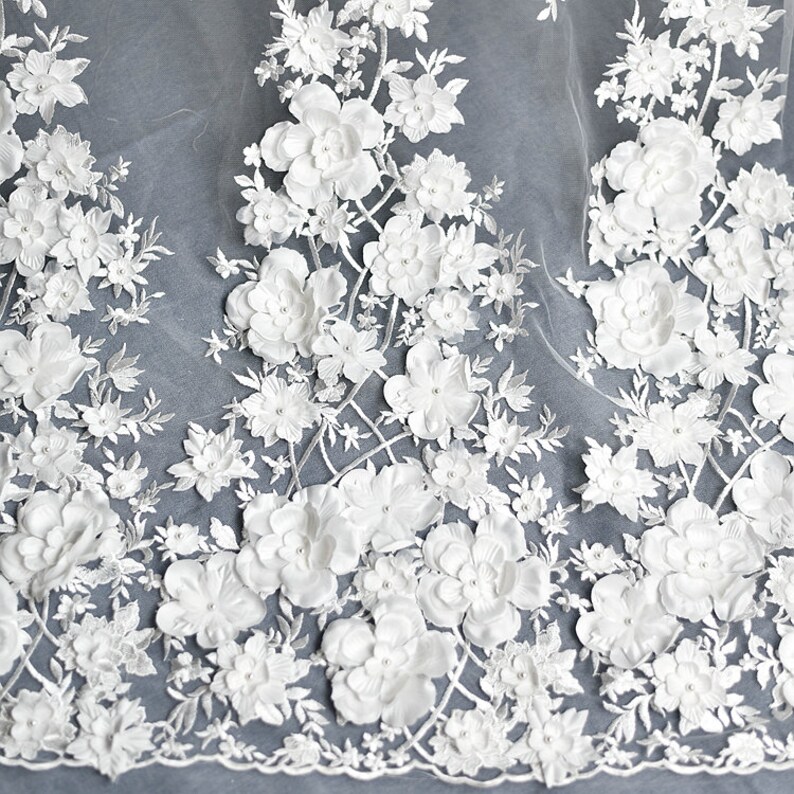 Wonderful bridal lace fabric with big flowers , 3D-Lace Fabric in off-white color LL-1486 main image 0