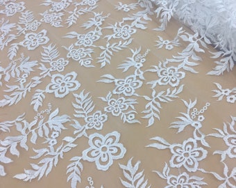Off White Floral Embroidered Lace Fabric, Bridal Mesh Lace
