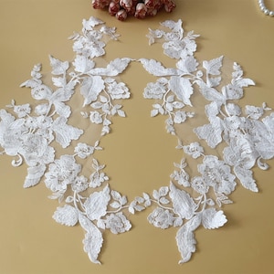 Sequin Flower Lace Applique Pair: Light Ivory Bridal Embroidery