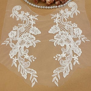 Ivory Beaded & Sequined Lace Applique: Floral Embroidery, Bridal Bodice (Pair, 11.8x5.5inch)