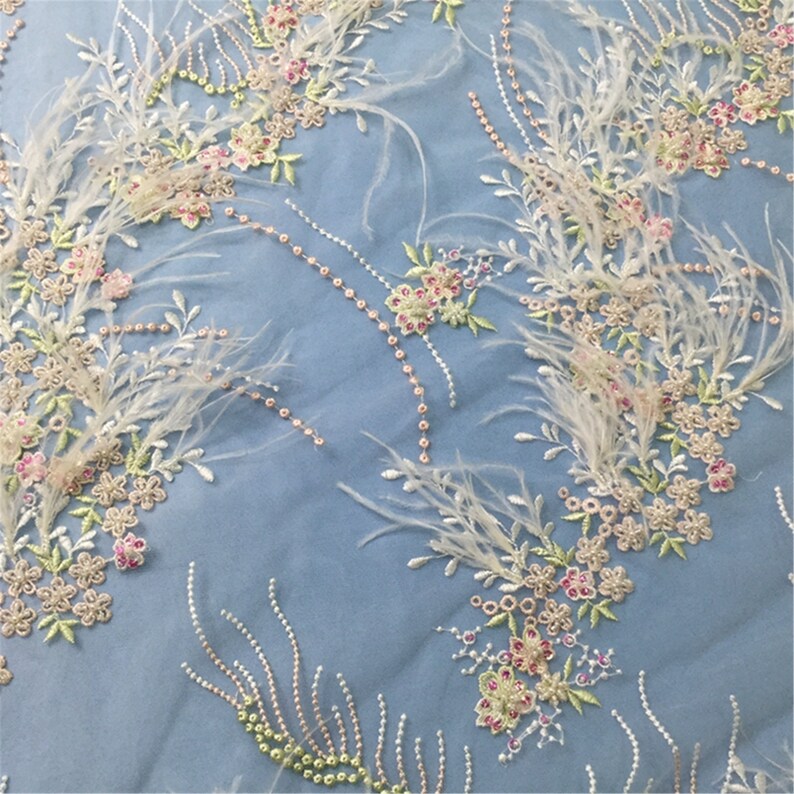heavy hand made beaded gown dress lace fabric beading lace fabric weddingbridal dress lace fabric Beaded lace fabric with Ostrich feather