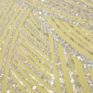 Geometric Tulle Lace Fabric: Off-White Sequins, Beads, Bridal Wedding Dress Fabric By The Yard