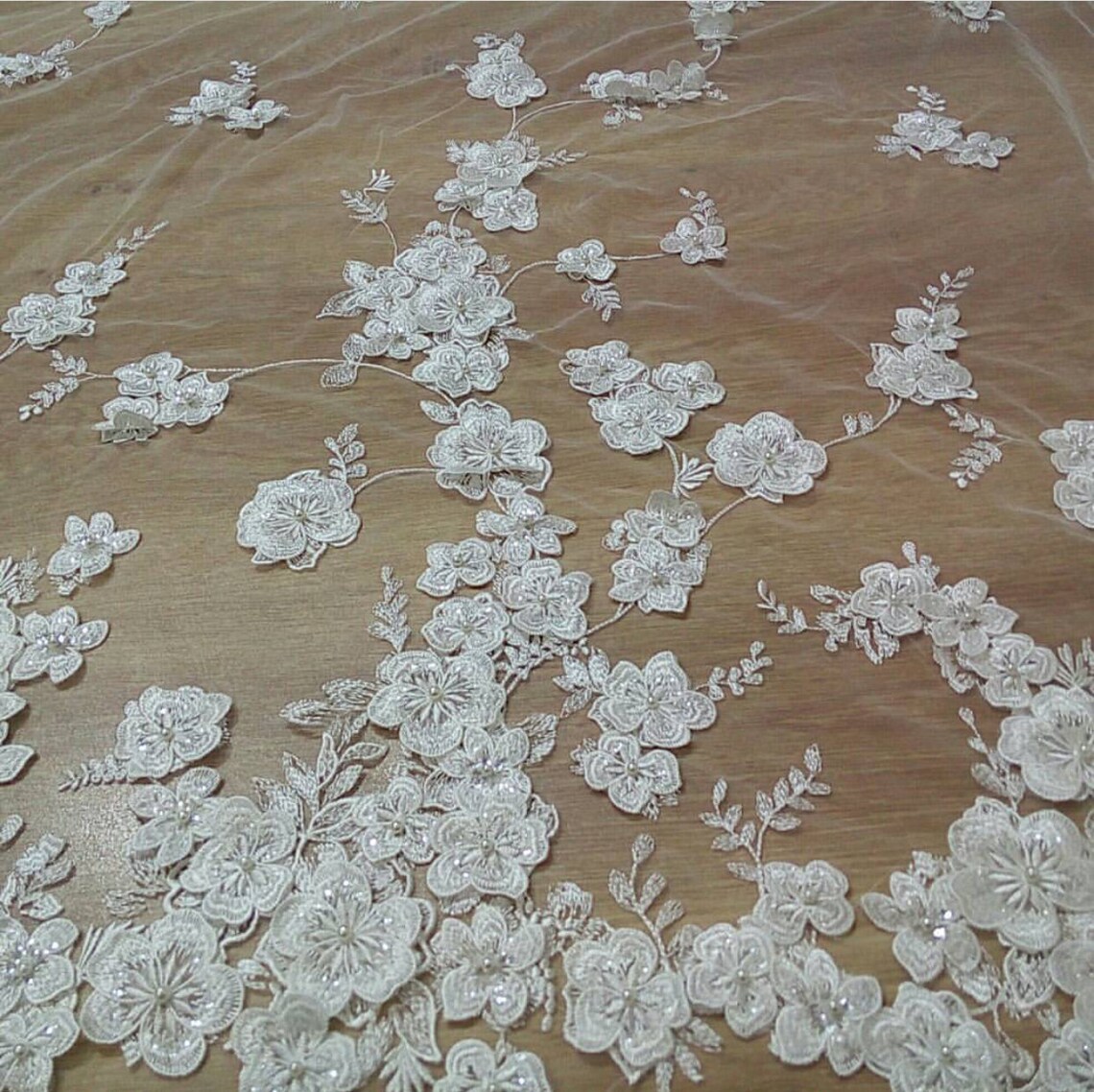 3D Floral Beaded Tulle Lace with Hand Embroidery & Sequins on Mesh Net Base