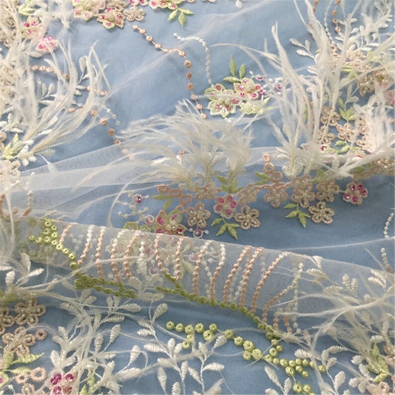 heavy hand made beaded gown dress lace fabric beading lace fabric weddingbridal dress lace fabric Beaded lace fabric with Ostrich feather