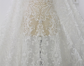 Heavy Beaded Lace Fabric: Off-White Tulle Embroidery, Couture Wedding Dress By Yard