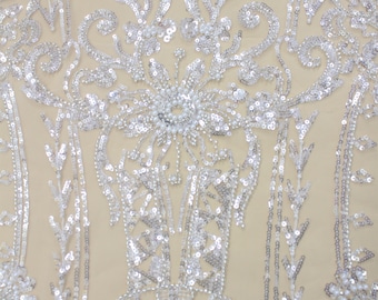 Heavy Beaded Lace Fabric: Off-White Tulle Embroidery, Couture Wedding Dress Fabric