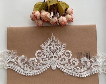 Light Ivory Embroidered Floral Lace Trim: Beaded Bridal Tulle, 1 Yard