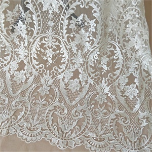 Off White Tulle Embroidery Lace Fabric with Sequins: Bridal Wedding Dress Fabric