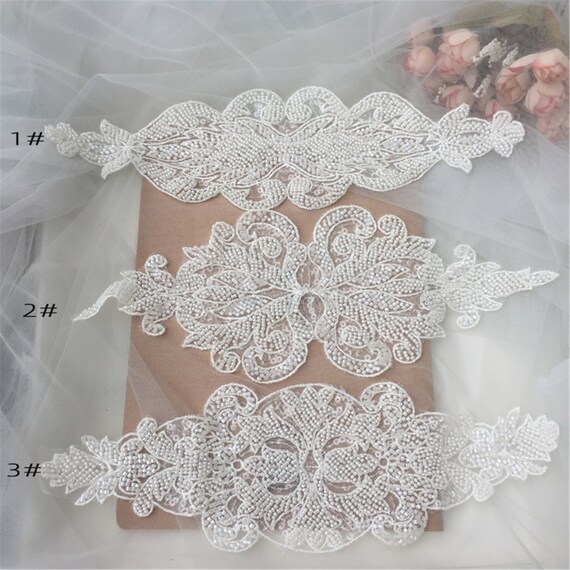 Pair Of 3D Ivory Embroidery Flower Mirrored Beaded Sequin Lace Applique, Lace Fabric Veil Wedding Dress Lace Trim, Leaves Lace Bodice
