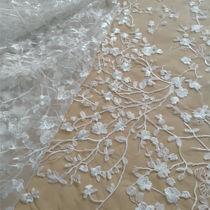Off-White Floral Embroidery Lace Fabric: Bridal Wedding Dress, 1 Yard