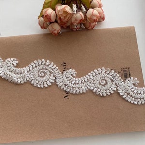 Light Ivory Beaded Alencon Lace Trim: Bridal Dress Applique, 1 Yard