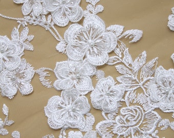 3D Flower Beaded Lace Trim, Lace Trim For Bridal Veil, Bridal Lace Trim, Pearl Wedding Lace Trimming, Beaded Lace Trimming Sell By Yard