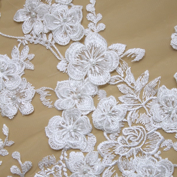 3D Flower Beaded Lace Trim, Lace Trim For Bridal Veil, Bridal Lace Trim, Pearl Wedding Lace Trimming, Beaded Lace Trimming Sell By Yard