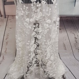May include: White floral lace fabric with delicate beading and embroidery. The lace features a repeating pattern of flowers and leaves.
