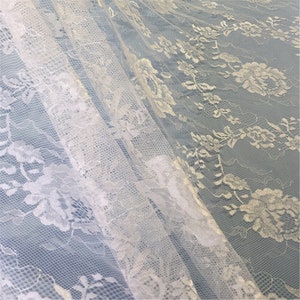 French Chantilly Floral Lace Fabric: White Eyelash Bridal Lace (3 Meters)