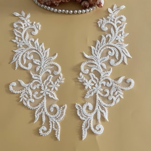Ivory Beaded Lace Applique: Floral Embroidery Bridal Bodice Patch