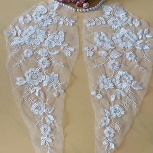 Beaded Flower Lace Applique: Light Ivory Sequined Bridal Patch By Pair
