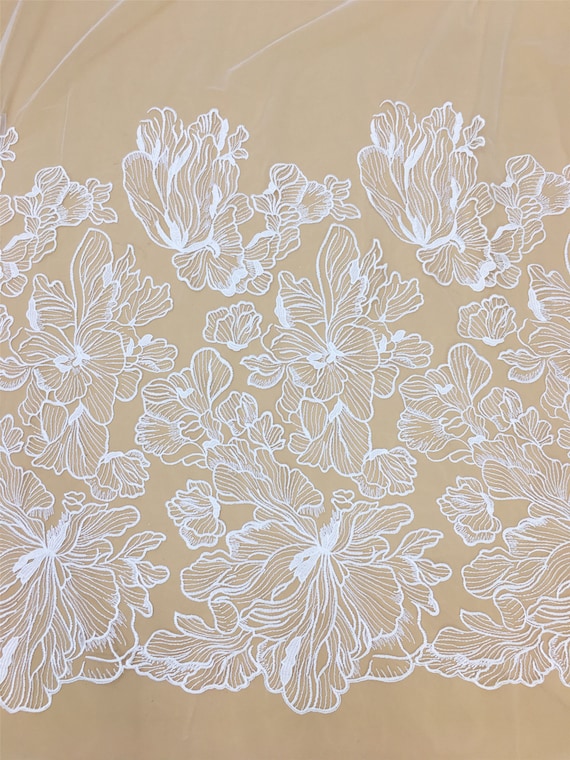 Off-White Flower Embroidery Lace Fabric: Bridal Gown Lace By The Yard