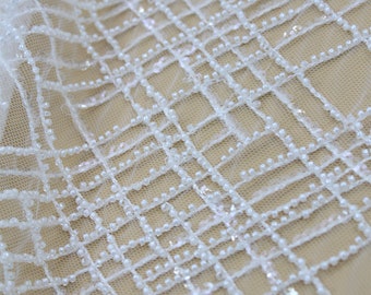 Beaded Embroidery Lace Fabric: Off-White Tulle for Bridal Dress