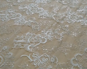 Heavy beaded lace fabric, bridal lace fabric, embroidered tulle lace fabric, wedding lace fabric