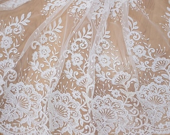 Off-White 3D Beaded Flower Lace Fabric: Bridal Gown Wedding Lace