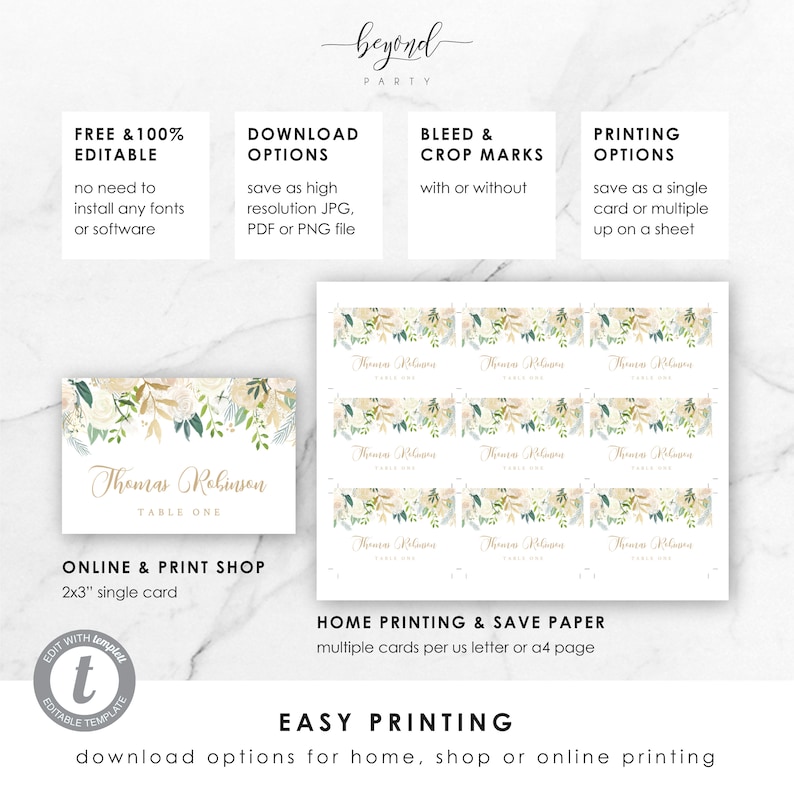Place Card Watercolour Flower Instant Download Template 2x3 Wedding Editable Templett