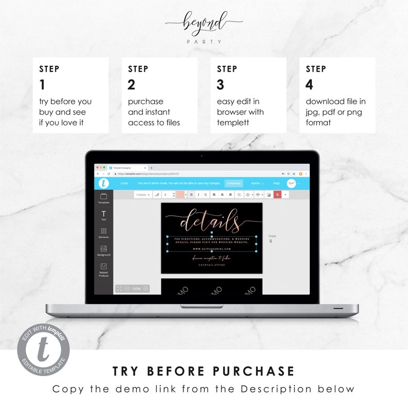 Details Card Wedding Editable Templett 3.5x5 Black and Rose Gold Instant Download Template