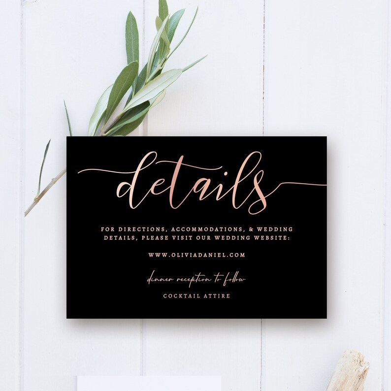 Details Card Wedding Editable Templett 3.5x5 Black and Rose Gold Instant Download Template