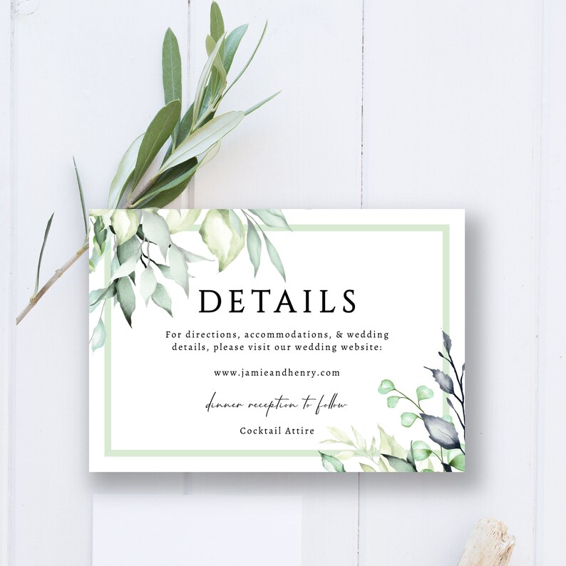 Editable Templett Details Card BP009 Wedding 3.5x5 Green Leaves Instant Download Template