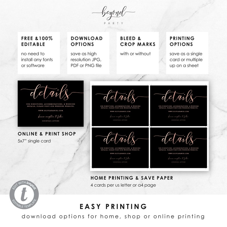 Details Card Wedding Editable Templett 3.5x5 Black and Rose Gold Instant Download Template