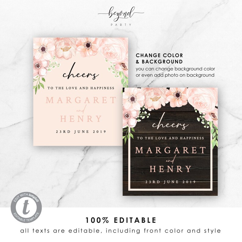 Pink Flower Watercolor Wine Bottle Labels BP004 Instant Download Template Wedding 3.5x4 Templett Editable