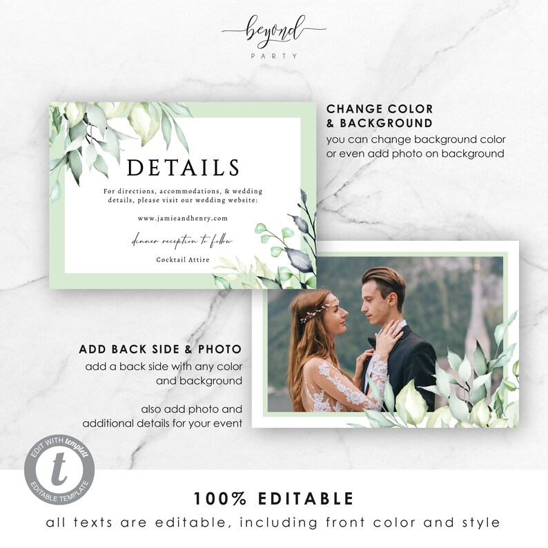 Editable Templett Details Card BP009 Wedding 3.5x5 Green Leaves Instant Download Template