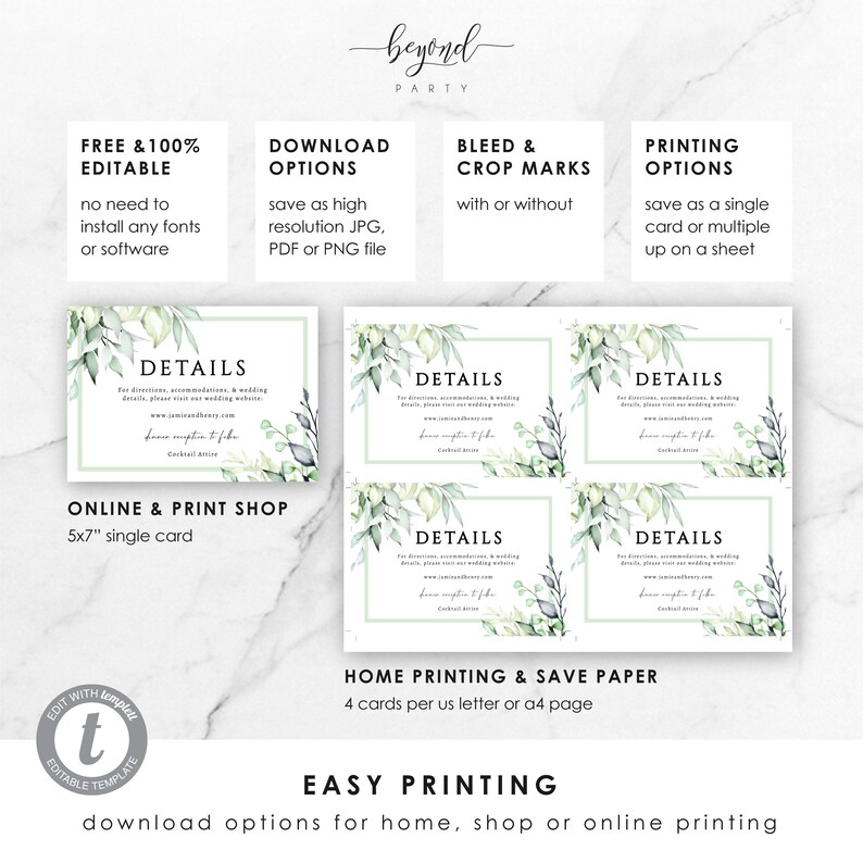 Editable Templett Details Card BP009 Wedding 3.5x5 Green Leaves Instant Download Template
