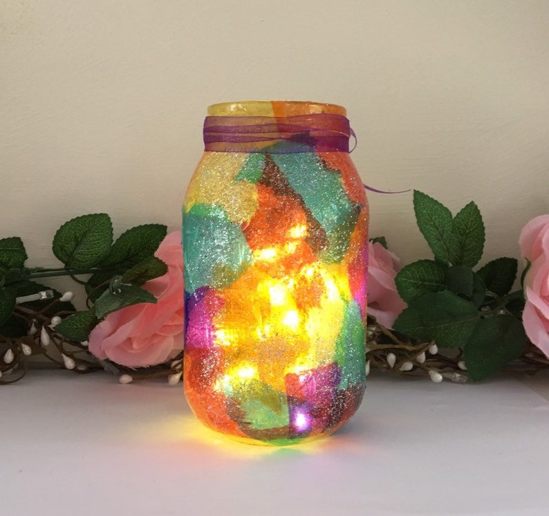 Rainbow light up jar with fairy silhouette decoupaged jar Etsy