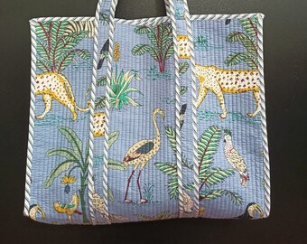 Animal Print Quilted Cotton Tote Bag, Hand Block Printed