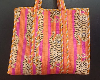 Sac fourre-tout orange tigre imprimé bloc sac fourre-tout indien fait main en coton sac fourre-tout pour femme sac à bandoulière matelassé imprimé bloc fait main