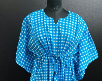 Blue Check Print Hand Block Cotton kaftan Natural Vegetable Dye 100% Cotton Soft Sanganeri Print Caftan Natural Print Freesize Kaftan