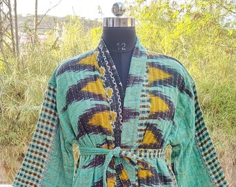 Indian Cotton Vintage Quilted Kantha Jacket With Belt, Handmade Winter Kimono Style Jacket Coat, Overcoat, Bohemian Jacket (D-45)