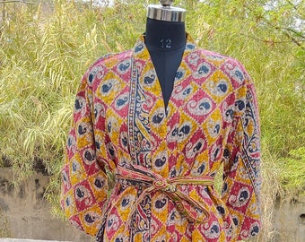 Giacca Kantha indiana fatta a mano, cappotto trapuntato in cotone con stampa a blocchi