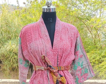 Handmade Kantha Stitch Cotton Robe, Indian Patchwork Quilted Jacket