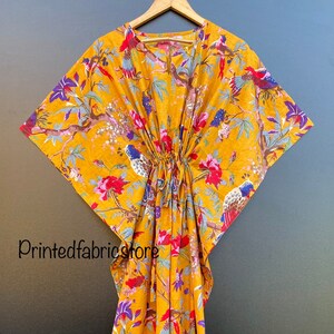 Paradise Bird Print Women Kaftan, 100% cotton light weight summer Kaftan, beach wear dress, long maxi Gown nightwear image 2